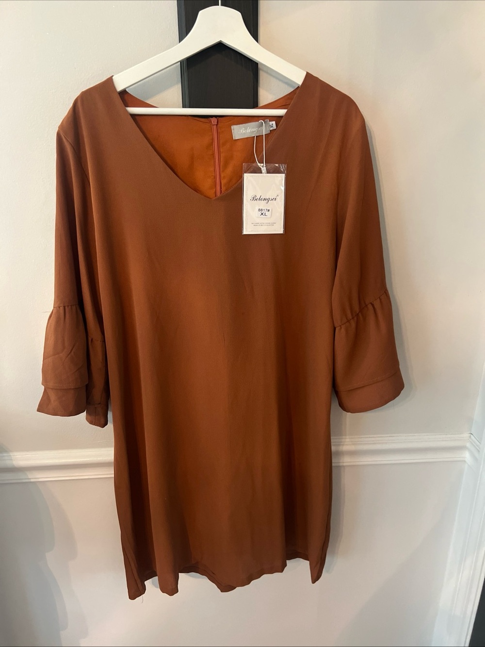Bell Sleeve V-Neck Women's Dress in Rust Brown